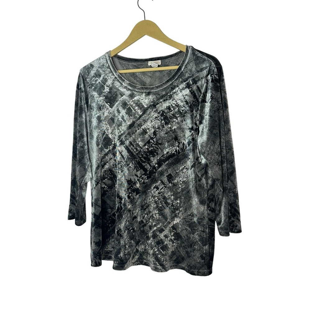 Chicos Womens Grey Silver Velvet 3/4 Sleeve Top Size 2 L Large Scoop Neck